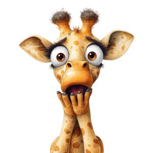 Op de afbeelding: Een cartoon illustratie van een verraste giraffe. De giraffe heeft grote ogen, lange wimpers en een open mond. Haar handen bedekken haar mond. De giraffe is bruin met bruine vlekken, tegen een witte achtergrond.