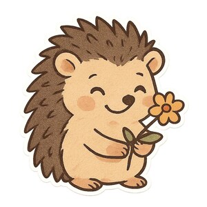 Peut inclure: Illustration d'un hérisson de dessin animé souriant tenant une fleur jaune. Le hérisson a des épines marron, un corps beige et des joues roses. L'image a un aspect texturé, semblable à du papier.