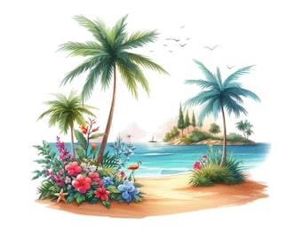 9x Tropical Landscape Sticker Set, 5 Pieces, Summer Car Stickers, Palm Trees, Beach, Sea, Vinyl Stickers, Waterproof, Holiday, Suitcase Decoration, 9 x 9 cm