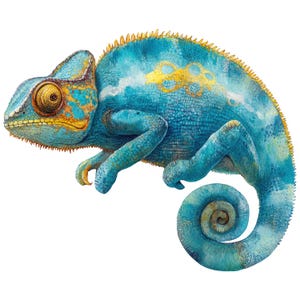Op de afbeelding: Gedetailleerde illustratie van een kameleon in tinten blauw, geel en oranje. De huid van het reptiel vertoont een gevlekt patroon, met een gekrulde staart en een gedetailleerd oog. De afbeelding staat tegen een witte achtergrond.