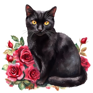 May include: Watercolor painting of a black cat with yellow eyes, sitting among red roses and green leaves. The cat is facing forward, with a calm expression. The roses are in full bloom, with some buds.