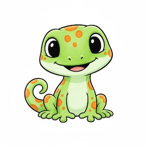 Op de afbeelding: Een cartoon illustratie van een lachende groene gekko met oranje vlekken. De gekko heeft grote zwarte ogen en een gekrulde staart. De gekko zit op een witte achtergrond.