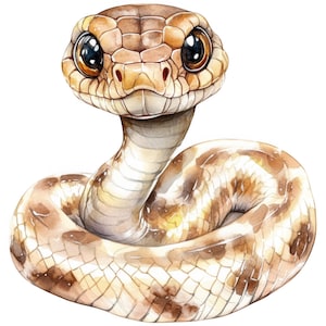 Könnte beinhalten: Aquarell-Illustration einer niedlichen Schlange mit großen, ausdrucksstarken Augen. Die Schlange ist in Braun- und Beigetönen gehalten und weist ein detailliertes Schuppenmuster auf. Die Schlange ist zusammengerollt und blickt den Betrachter an.