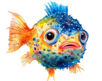 2X Kugelfisch Aquarell Sticker Autoaufkleber Fisch Meer Tiermotiv Süßes Design Geschenkidee 9X9 cm