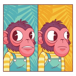 May include: A cartoon illustration of two monkeys, each in a separate panel. The monkeys have pink faces, purple fur, and are wearing yellow striped shirts and blue overalls. The background is split, with one side teal and the other yellow.