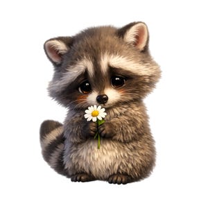 Puede incluir: Un lindo mapache de dibujos animados con pelaje gris y marrón, sosteniendo una pequeña margarita blanca con centro amarillo. El mapache tiene ojos grandes y expresivos, sobre fondo blanco.