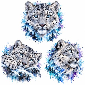 Könnte beinhalten: Drei Aquarellillustrationen von Schneeleoparden mit blauen Augen und geflecktem Fell. Jeder Leopard ist vor einem Hintergrund aus blauen und violetten Farbspritzern, schneebedeckten Berggipfeln und dunklen Tannen auf weißem Grund dargestellt.