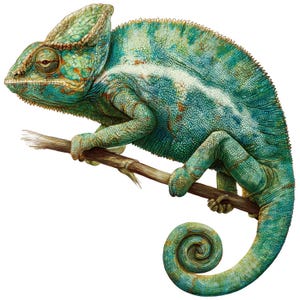 May include: A detailed illustration of a chameleon perched on a branch. The reptile displays a vibrant mix of turquoise, teal, and green hues, with a curled tail. The chameleon's textured skin and eye are clearly visible, showcasing its natural camouflage.
