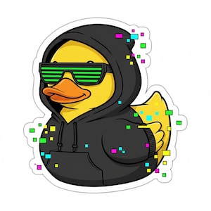 May include: A yellow duck sticker wearing a black hoodie and neon green glasses. The duck has an orange beak and is surrounded by colorful pixelated effects, giving it a tech-savvy appearance. The sticker is on a white background.