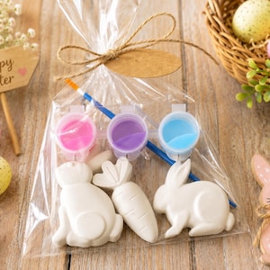 May include: A clear plastic bag containing three white ceramic figures shaped like two rabbits and a carrot, along with three small pots of pink, purple, and blue paint and a blue paintbrush. The bag is tied with a brown twine string.