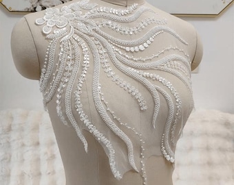 Beaded Floral Lace Applique, Pearl Sequin Bridal Embroidery Patch, Ivory Wedding Dress Bodice Trim, Couture Gown Decor