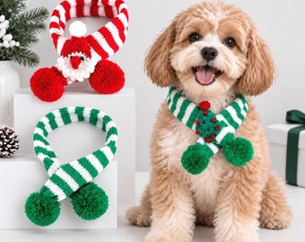 Bufanda navideña para mascotas, bufanda de punto con Papá Noel y árbol para perros y gatos, bufanda navideña a rayas para mascotas con pompones, lindo atuendo navideño