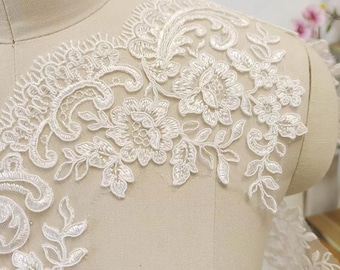 Vintage snörspetskant – Elfenbensvit broderad kant, säljs per meter för brudklänningar, slöjor, klänningar, gör-det-själv-pyssel och heminredning