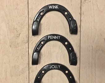 Personalized lead rope hooks, horse reins holder, tack holder * dog leash hook holder, real horseshoes. Engraving optional