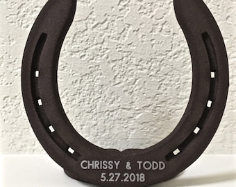 Wedding Cake Topper, standing horseshoe, engrave your name on it, stands on cake or pie, barn wedding