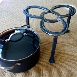 Dutch Oven CAMPING Stand, to 8" tall, super strong center ring, 10.75 diameter. Outdoor wood fire pit backyard cooking flat top, personalize