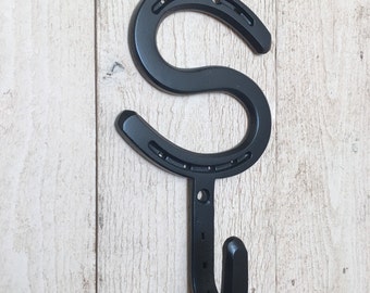 Individual letter wall coat Hook Initial A - Z, numbers 0-9, real horseshoe farmhouse, hang clothes / tack, Powder coated protection