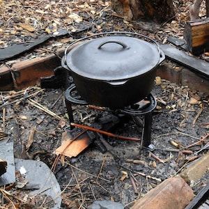 Heavy duty 3 legged campfire stand, for fire pits, grilling, or outdoor ovens. Holds 120 lbs! outdoor kitchen accessory. Perfect flat bottom