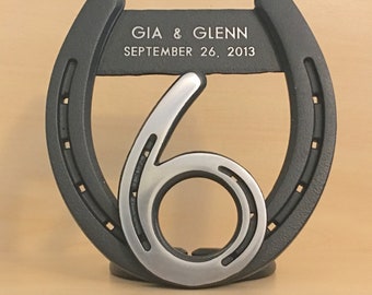 Traditional 6th anniversary gift 6 & HORSESHOE, w/ steel plaque 4 engraving included, standing