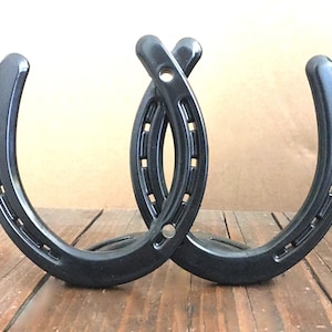 Linked double horseshoes standing, ready to engrave, IN STOCK, equestrian anniversary gift, shiny black finish, Free shipping.