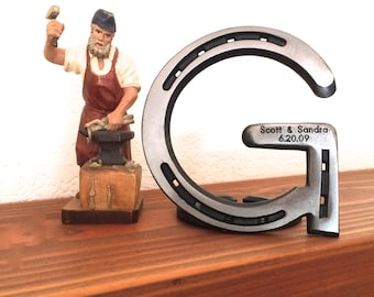 Standing Metal Letter A - Z * horseshoe initial 5" tall, engraving included, gift to horse lover