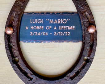 Real distressed horseshoe (new) w/ 1.25" copper plate  * wall hanging, engraved for retirement, award, horse memorial