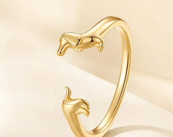 スターリングシルバーの優美なダックスフントリング、かわいい犬のリング、調節可能なリング、ミニマリストリング、彼女へのギフト、女性へのギフト、クリスマスギフト