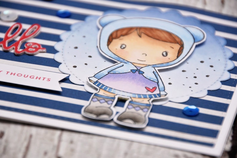 Handmade Card Sending Happy Thoughts Handcolored Card Cute Greeting Card CC Designs Teddy Bear Blue Stripes Encouragement Card
