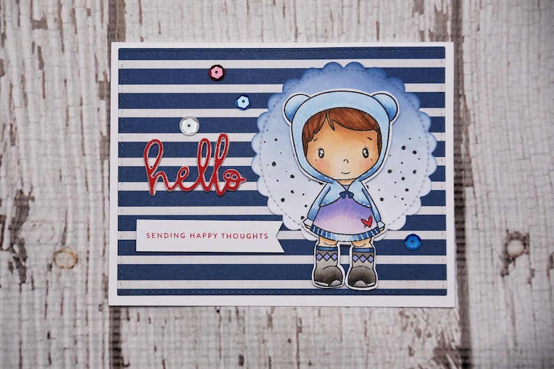 Handmade Card Sending Happy Thoughts Handcolored Card Cute Greeting Card CC Designs Teddy Bear Blue Stripes Encouragement Card