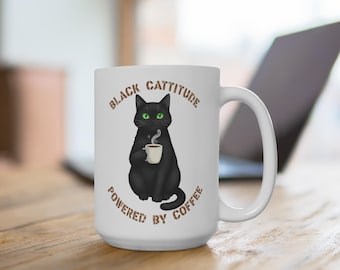 Black Cattitude Powered By Coffee: 15oz Ceramic Coffee Mug