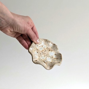 Può includere: Un piccolo piatto in ceramica fatto a mano con un bordo ondulato. Il piatto ha una glassa beige e marrone macchiettata con accenti bianchi. Il piatto è tenuto da una mano su uno sfondo bianco.