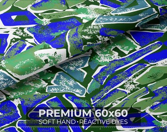 Blue & Green Abstract Geometric Mosaic Print Fabric | 60×60 Quilting Cotton | Sold by the Yard |