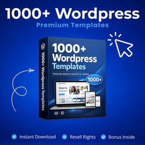 Può includere: Una scatola blu con il testo "1000+ Wordpress Templates" e "Premium Website Designs & Themes". La scatola mostra uno schermo di laptop, tablet e telefono. L'immagine include anche il testo "Download istantaneo", "Diritti di rivendita" e "Bonus all'interno".