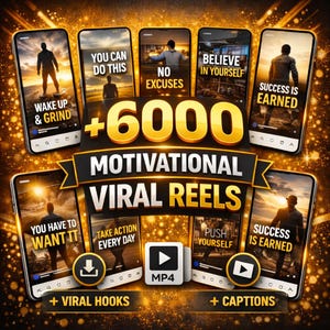Puede incluir: Un gráfico digital que promociona contenido motivacional. La imagen presenta varios teléfonos inteligentes que muestran citas inspiradoras y siluetas. El texto incluye "+6000 Motivational Viral Reels", "Wake Up & Grind" y "Success is Earned".