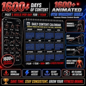 May include: A digital marketing bundle for fitness content featuring a smartphone displaying workout reels, a daily content calendar for 1600+ days, and text overlays including 1600+ Animated Gym Workout Reels, Digital Download, and Instant Access.