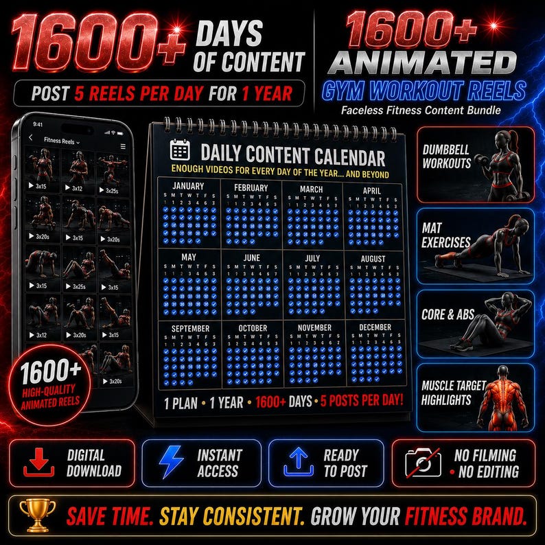 May include: A digital marketing bundle for fitness content featuring a smartphone displaying workout reels, a daily content calendar for 1600+ days, and text overlays including 1600+ Animated Gym Workout Reels, Digital Download, and Instant Access.