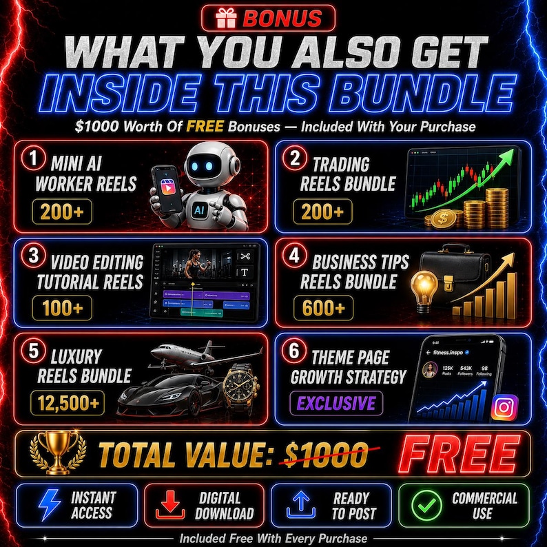 May include: A digital marketing bundle graphic featuring six numbered sections with icons including a robot, stock charts, a briefcase, a luxury car, and a smartphone. Text includes BONUS, WHAT YOU ALSO GET INSIDE THIS BUNDLE, and TOTAL VALUE $1000 FREE.