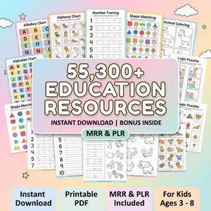 Könnte beinhalten: Bildungsmaterialien für Kinder im Alter von 3-8 Jahren, darunter Alphabettabellen, Zahlenverfolgung, Formen zuordnen und Ausmalbilder. Das Bild zeigt den Text "55,300+ EDUCATION RESOURCES" und "Instant Download | Bonus Inside".