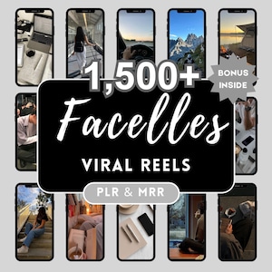 K&ouml;nnte beinhalten: Werbebild mit mehreren Smartphones, die Lifestyle-Szenen zeigen. Ein zentrales schwarzes Rechteck zeigt den Text "1.500+ Facelles Viral Reels" in wei&szlig;er Schrift. Zus&auml;tzlicher Text lautet "PLR & MRR" und "Bonus Inside".