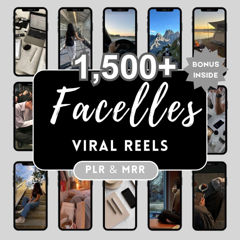 K&ouml;nnte beinhalten: Werbebild mit mehreren Smartphones, die Lifestyle-Szenen zeigen. Ein zentrales schwarzes Rechteck zeigt den Text "1.500+ Facelles Viral Reels" in wei&szlig;er Schrift. Zus&auml;tzlicher Text lautet "PLR & MRR" und "Bonus Inside".