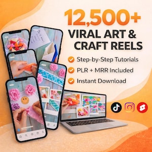 Puede incluir: Imagen promocional de reels de arte y manualidades virales, con varios smartphones que muestran tutoriales y un portátil. El texto incluye "12.500+ Viral Art & Craft Reels", "Step-by-Step Tutorials", "PLR + MRR Included" y "Instant Download".