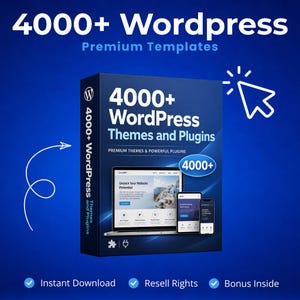 Peut inclure: Une boîte bleue sur fond bleu, annonçant 4000+ thèmes et plugins WordPress. La boîte affiche un écran d'ordinateur portable, de tablette et de téléphone. Le texte comprend "4000+ WordPress Themes and Plugins" et "Premium Templates". Autres textes: "Téléchargement instantané", "Droits de revente" et "Bonus inclus".
