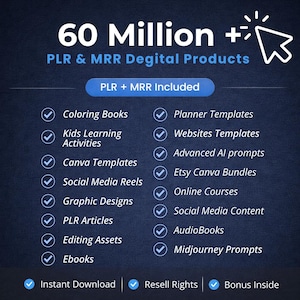 Op de afbeelding: Afbeelding van digitale producten met de tekst "60 Miljoen + PLR & MRR Digital Products". Bevat kleurboeken, plannersjablonen, websitesjablonen en meer. Bevat badges "Direct downloaden", "Wederverkooprechten" en "Bonus binnen".
