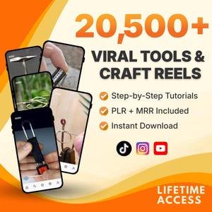 Peut inclure: Graphique orange et blanc promouvant "VIRAL TOOLS & CRAFT REELS". L'image présente plusieurs smartphones affichant des tutoriels d'artisanat. Le texte comprend "20 500+", "Step-by-Step Tutorials" et "Instant Download".