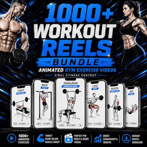 Op de afbeelding: Een digitaal pakket van 1000+ workout reels met geanimeerde fitnessoefeningvideo's. De afbeelding toont de tekst 1000+ WORKOUT REELS BUNDLE ANIMATED GYM EXERCISE VIDEOS VIRAL FITNESS CONTENT, met zes smartphones die verschillende oefeningen tonen.