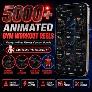 Peut inclure: Un ensemble de produits numériques comprenant plus de 5000 vidéos d'entraînement en salle de sport animées. L'écran affiche une interface de smartphone avec une grille de vidéos de fitness, incluant des exercices avec des textes néon rouges.