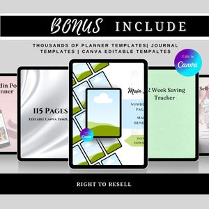 K&ouml;nnte beinhalten: Digitale Planervorlagen auf Tablets dargestellt. Das Bild enth&auml;lt Text mit der Aufschrift &bdquo;BONUS ENTHALTEN&ldquo;, &bdquo;TAUSENDE VON PLANVORLAGEN&ldquo; und &bdquo;WIEDERVERKAUFSRECHT&ldquo;. Die Vorlagen sind f&uuml;r die Verwendung mit Canva konzipiert und beinhalten einen 2-Wochen-Spar-Tracker.