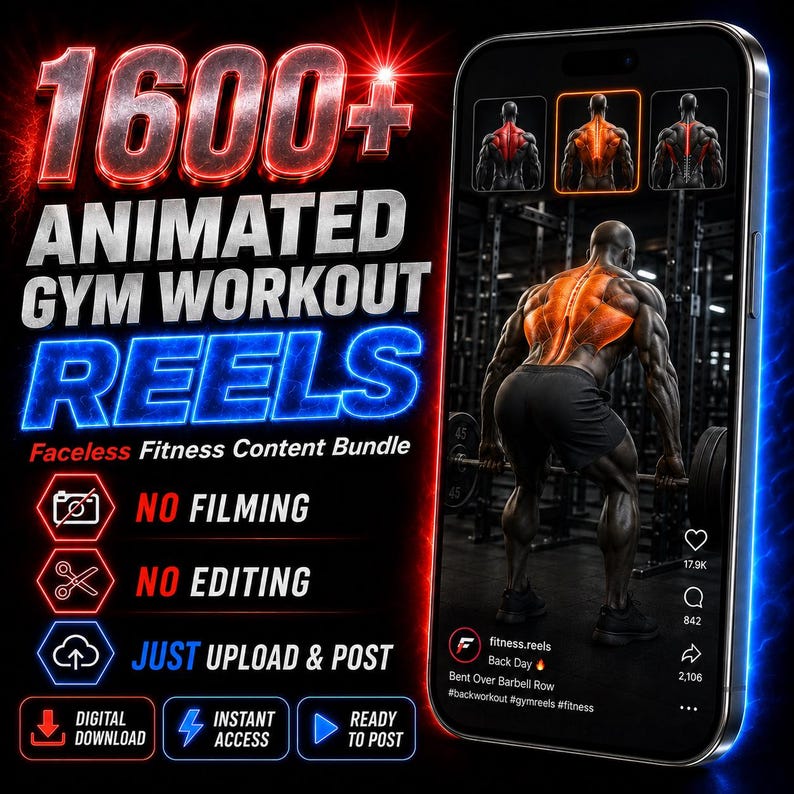 May include: A digital product display featuring a smartphone showing an animated gym workout video. The text reads 1600+ ANIMATED GYM WORKOUT REELS, Faceless Fitness Content Bundle, NO FILMING, NO EDITING, JUST UPLOAD & POST, DIGITAL DOWNLOAD, INSTANT ACCESS, READY TO POST.