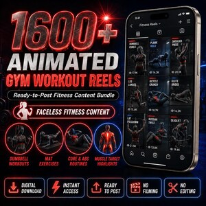 Bundel met meer dan 1600 geanimeerde workoutvideo's voor de sportschool | Fitnessvideo's zonder gezicht voor TikTok, Instagram Reels en YouTube Shorts | Direct te plaatsen (digitaal)