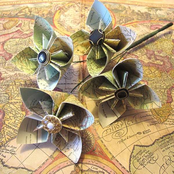 Upcycled Atlas Map Vintage Paper Kusudama Flower Bouquet- Made with paper from 1963 Readers Digest Atlas First Edition